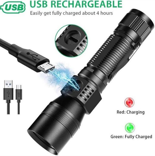 Starke Lichter, tragbare Jagd-Taschenlampe, leistungsstarke USB-wiederaufladbare Zoom-Highlight-taktische Taschenlampe, Outdoor-Camping-Beleuchtung, LED-Blitzlicht-Taschenlampe