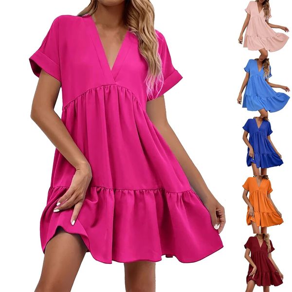 Urban Sexy Dresses Pink Elegant Women Casual Beach Sundress Summer Color Solid Sleeve Short Sleeve Mini Dress Lady Loose Party Big Swing Vestido Babados 230807