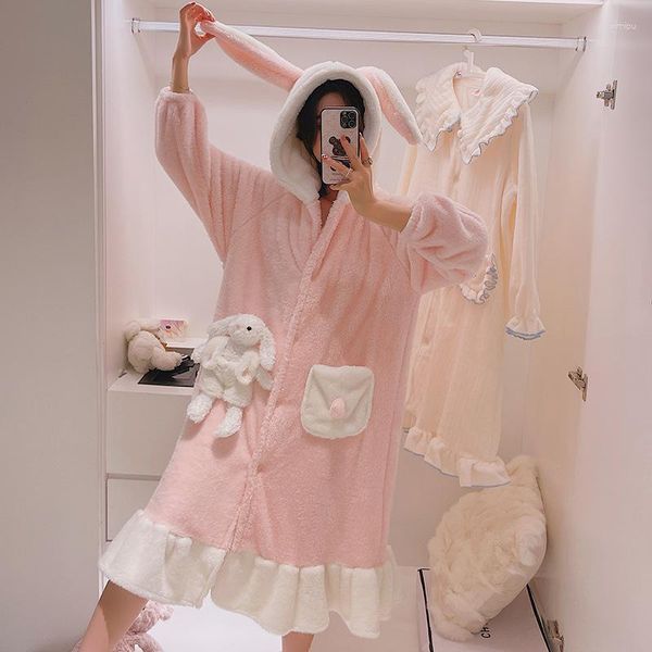 Roupa de dormir feminina Roupão de veludo coral Cardigã Camisola de inverno quente com capuz Roupão de banho Sweet Kimono Vestido de manga comprida Pijamas soltos Casual