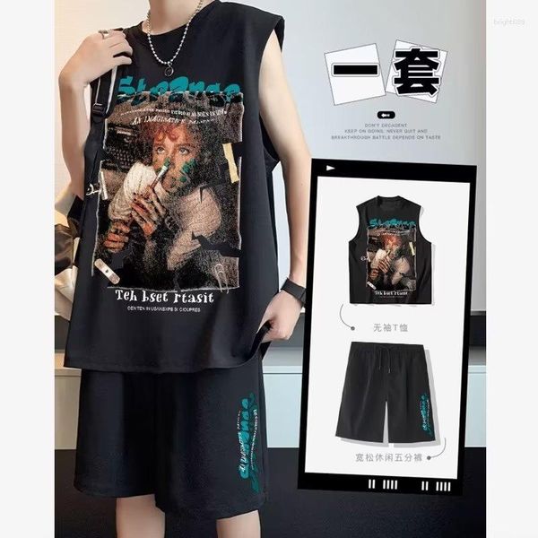 Fatos de treino masculinos 2023 colete de verão terno coreano de alta moda moda gráfico shorts conjunto de duas peças roupas de basquete esportes