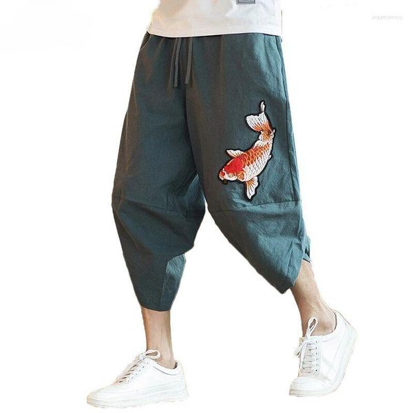 Pantaloni da uomo marca allentati ritagliati stile giapponese e coreano 2023 moda estiva ricamo calamari Harem di grandi dimensioni