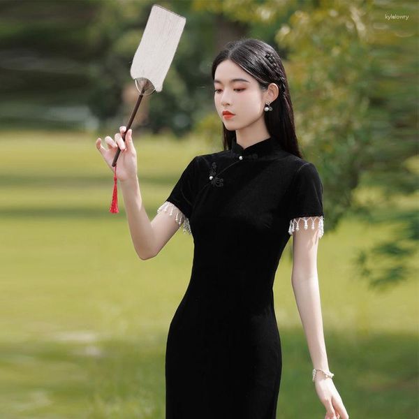 Etnik Giysiler 2023 Siyah Cheongsam Kısa Kollu Geliştirilmiş Vintage Elbise Bahar Yaz Slim-Fit Kadınlar Zarif Tassel Qipao S-XXL