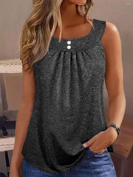 Damen-Tanks, dunkelgrau, Rüschenknopf-Tanktops, modische Streetwear-Weste, schulterfrei, ärmellos, O-Ausschnitt, weibliche Damen-Unterhemd-Kleidung