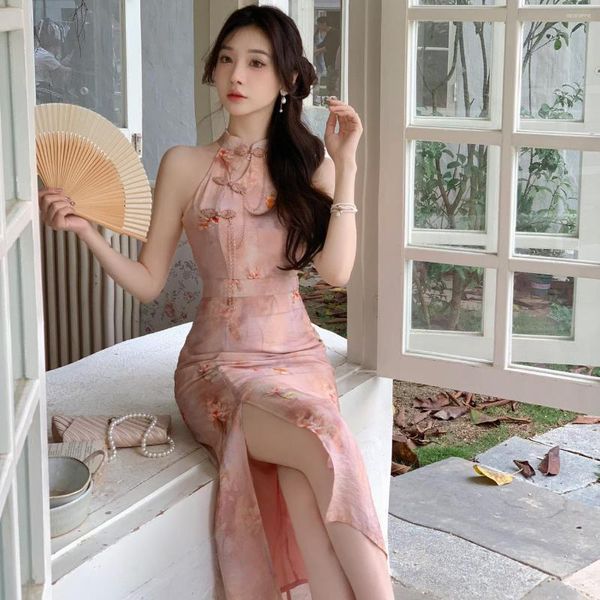 Etnik Giyim Pembe Çiçek Baskı Qipao Seksi Halter Cheongsam Kadın Çin tarzı elbise Geliştirilmiş İnce Vestidos Uzun Yaz Elbiseleri