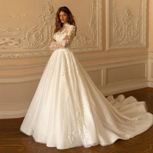 Abito da sposa collo alto in pizzo fiore 3D con svasatura manica lunga elegante abito da sposa fomal treno economico