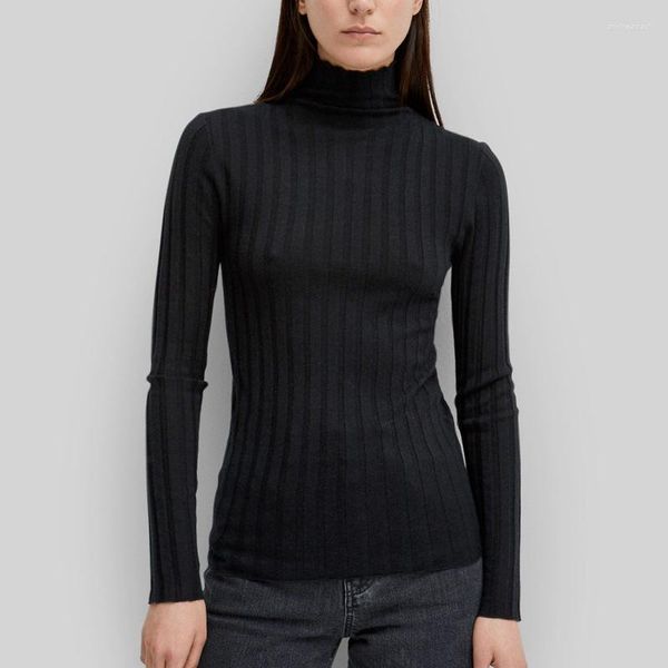 Kadın Sweaters Stripe Yüksek Boyun Uzun Kollu Kazak Yün Karışımı Sonbahar Kış Bayanlar Basit Elastik İnce Fit Külot Örgü