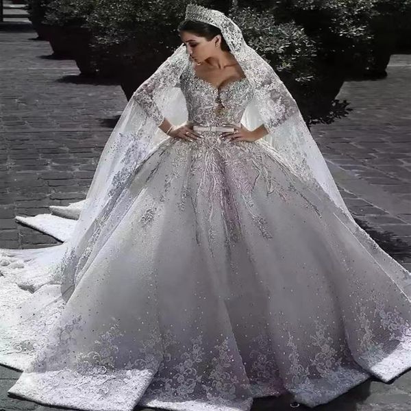 2023 árabe encantador uma linha vestidos de casamento ilusão completa rendas apliques designer cristal beading cetim mangas compridas capela trem 222q
