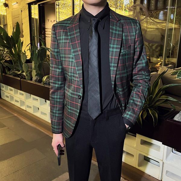 Ternos masculinos 2023 estilo britânico xadrez de alta qualidade jaquetas/jaqueta masculina blazer hombre ajuste fino caqui verde casaco casual S-3XL