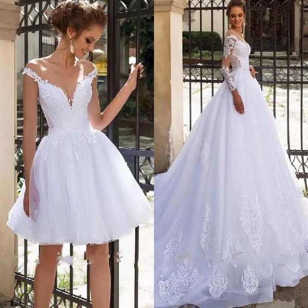 Abiti da sposa corti da spiaggia 2 in 1 con maniche in pizzo Applique Vestido de Noiva Lunghezza pavimento Tulle Abito da sposa principessa Matrimonio Dre225n