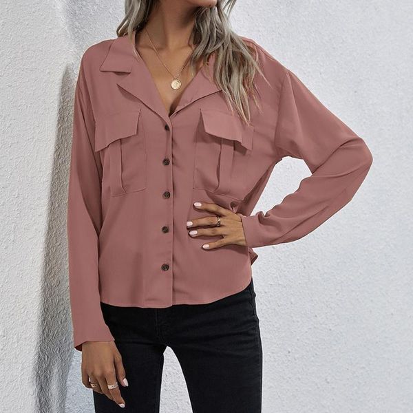 Frauen Blusen Weibliche Button-Down-Shirts Herbst Langarm Revers Dünne Reine Farbe Bluse Tops Mit Brust Doppel Tasche kleidung