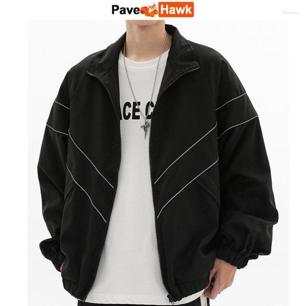 Männer Jacken Stehkragen College Männer Frühling Reflektierende Gestreiften Zipper Windjacke Straße Mäntel Harajuku Dünne Varsity Jacke Unisex