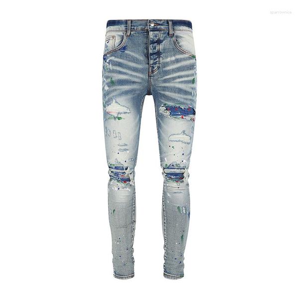 Calça Jeans Masculina High Street Designer de Moda Masculina Retrô Azul Stretch Skinny Botão Rasgado Pintado Remendado Calças de Marca Hip Hop