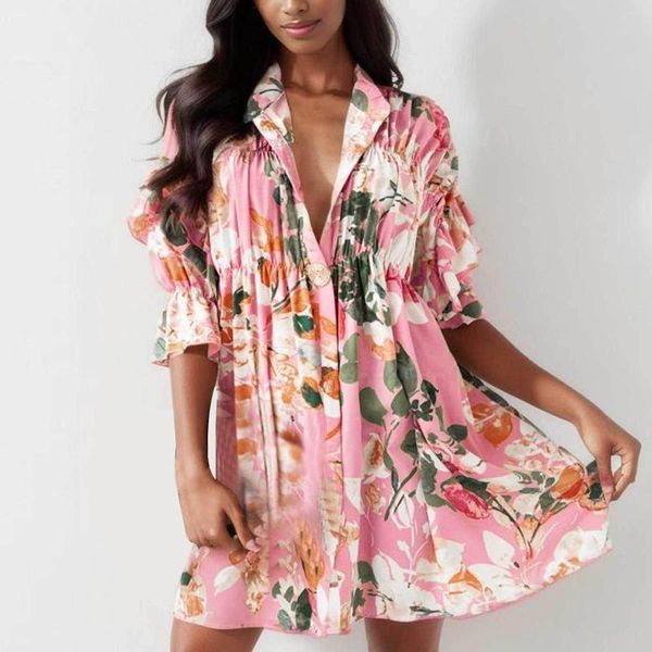 Robes décontractées femmes élégantes chemise à fleurs robe ample demi manches Botton Mini 2023 printemps été mode femme Boho Vestidos