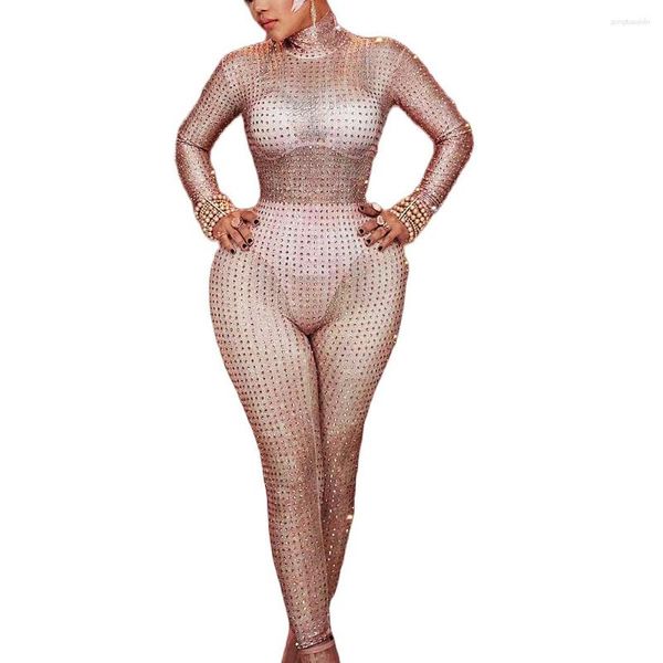 Traje de palco Personalidade Traje de performance Feminina Rosa Macacão com strass Perspectiva Malha Gaze Roupa elástica Trajes de boate