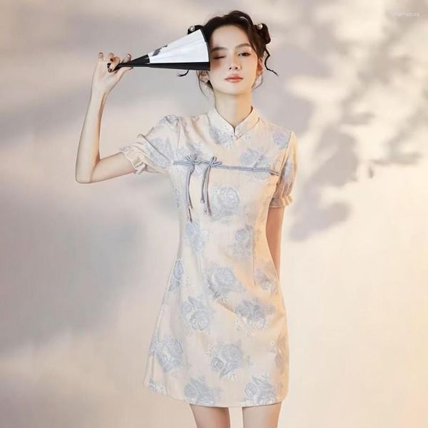 Этническая одежда в китайском стиле Женский печатный цветок Cheongsam Vintage Girl Вечерний платье Summer Mini Sleim Sexy Sexy Qipao Vestidos Classic Qi