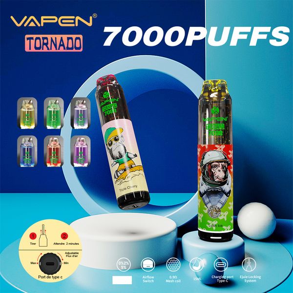 Original 7000 Puff Vapen Tornado 7000 E-Zigaretten-Set, Einweg-Vapes, 850 mAh Mesh-Spule, wiederaufladbar, RGB-Licht, 15 ml Mesh-Spule