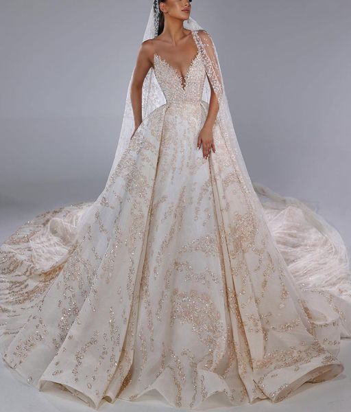 Abito da ballo di lusso Abiti da sposa Senza maniche Scollo a V Senza spalline Paillettes Applique Increspature Pizzo 3D Taglie forti Perline con lacci Diamanti Abiti da sposa di lusso Vestido de novia