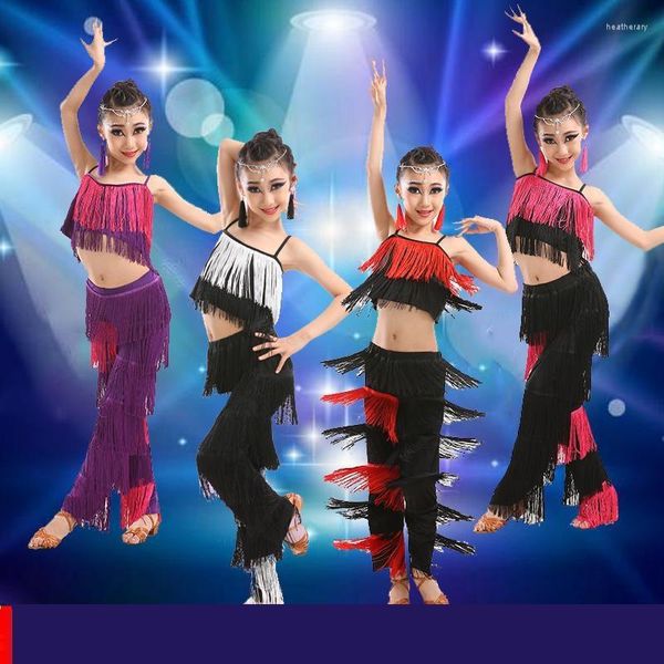 Bühnenkleidung Mädchen Latin Dance Kostüme Pailletten Fransen Salsa Samba Kostüm Kinder Ballsaal Quaste Kleid Hosen Kinder Performance Outfits