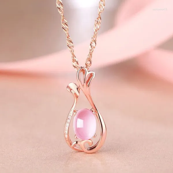 Anhänger Halsketten Nette Pfau Vase Halskette CZ Kristall Rosa Opal Colliers Für Frauen Mädchen Ross Quarz Großhandel Schmuck