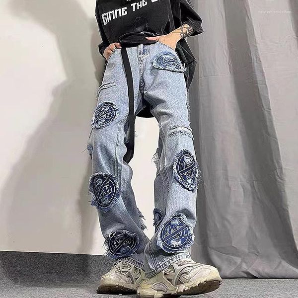 Itens de jeans masculinos para outono americano retrô hip-hop estilo de rua principal processo de lavagem com água cilindro reto esfarrapado 2023
