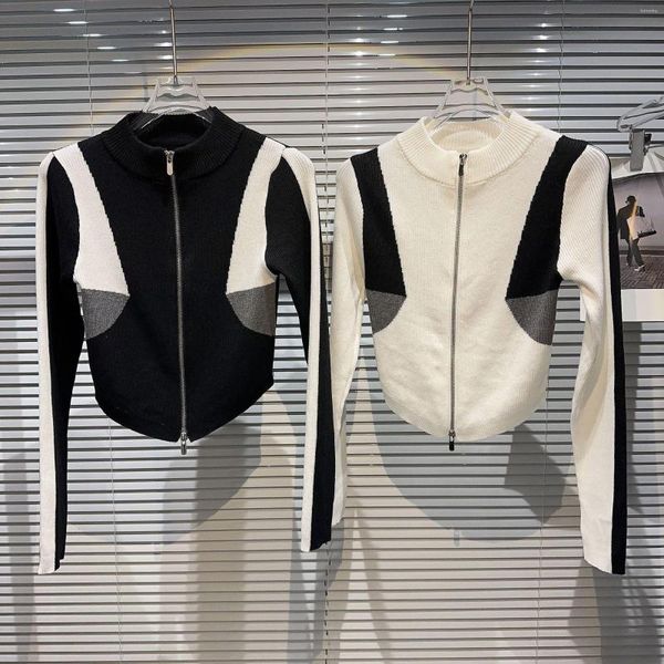 Cardigan lavorato a maglia con zip aderente aderente girocollo color block da donna Top corto a maniche lunghe bianco nero