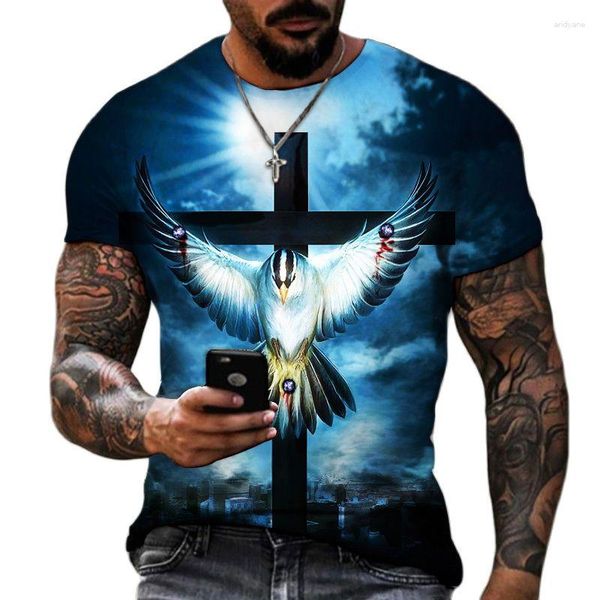 Camisetas masculinas estampadas em 3D com estampa de Jesus para homens cruz vintage catolicismo Harajuku tops de manga curta lazer com decote em O camisetas grandes