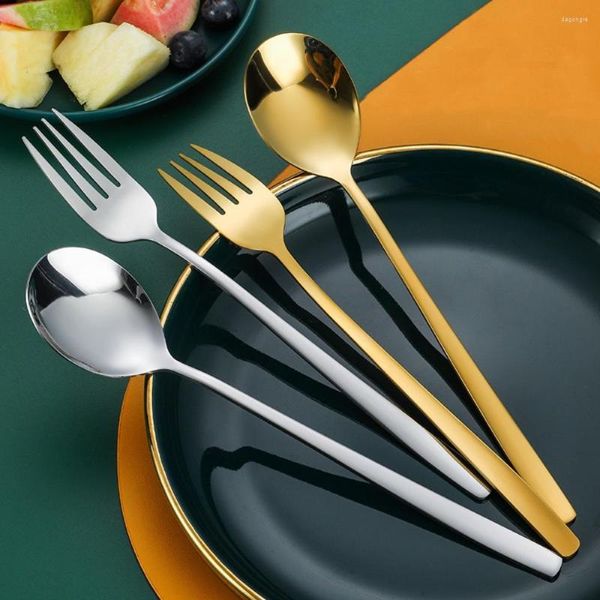 Conjuntos de louça ouro prata faca garfo conjunto de aço inoxidável cabo longo bife colher de café talheres lava-louças seguro utensílios de cozinha