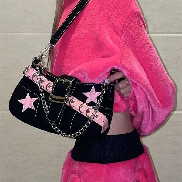 Bolsas de noite padrão estrela Y2K menina corrente ombro para mulheres preto rosa bolsa de designer de luxo gótico estilo motor sling 230804
