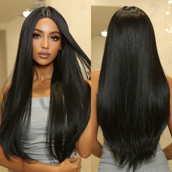 Perucas sintéticas longas escuras e retas natural preto falso cabelo parte do meio para mulheres afro festa diária cosplay uso resistente ao calor