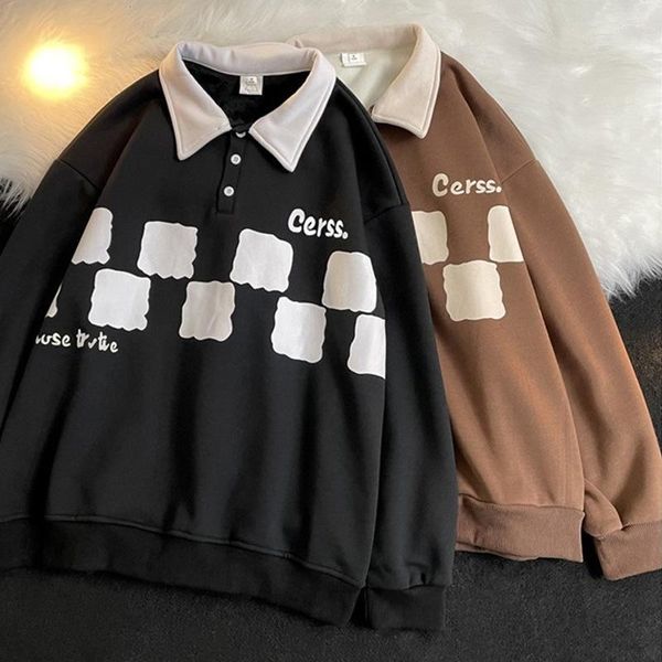 Herren Hoodies Vintage Plaid Fleece Sweatshirts Für Männer Koreanische Casual Übergroßen Drehen Unten Kragen Warme Winter Pullover Harajuku Unisex