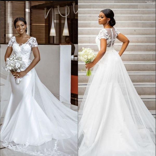 2022 Modest Kurzarm V-ausschnitt Hochzeit Kleid Vestidos De Novia Floral Spitze Frauen Brautkleider Für Braut Mit Tail2816