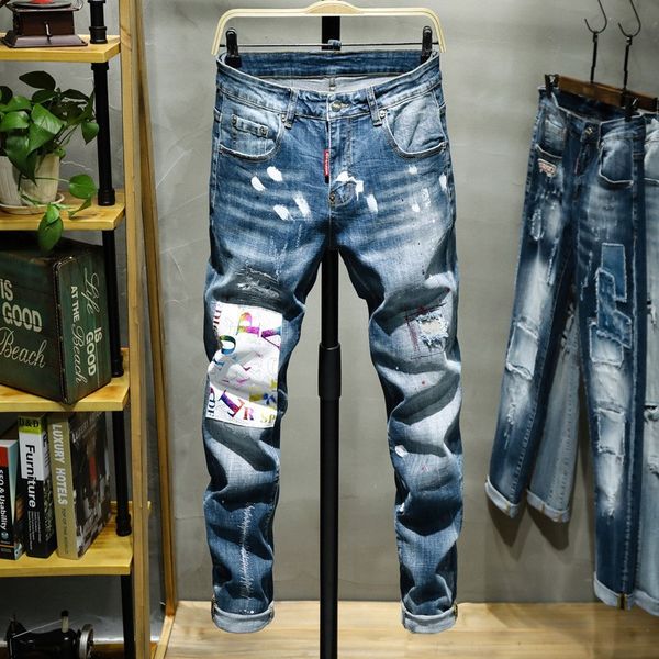 Hellblaue Jeans Männer schlanke Stretchhosen Nationaler Mode Stickerei Männer Designer Jeans Herren Jeanshose Modehose Top Sell Sell