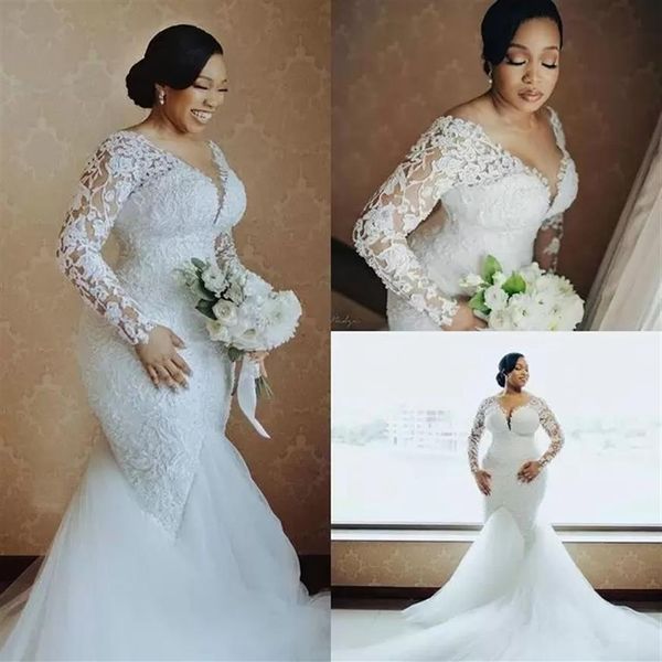 Deslumbrantes vestidos de casamento de sereia com renda árabe plus size, cauda transparente, decote transparente, mangas compridas, vestidos de noiva vintage 20222827