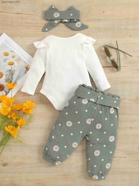 Entzückendes 3-teiliges Neugeborenen-Outfit mit langen Ärmeln, Druckknopf-Strampler, Gänseblümchen, Jogginghose, Hose und Stirnband für Kleinkinder, Babys, Mädchen, Herbst, L230712