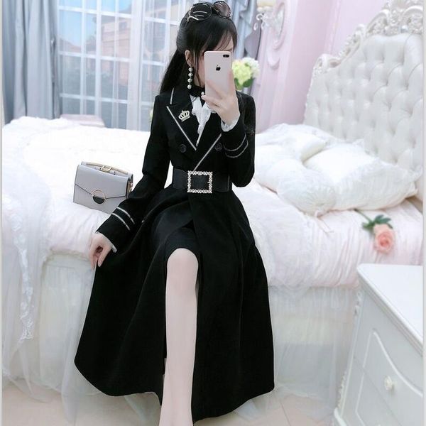 Trench da donna Fashion Black British Long Coat Windbreaker 2023 Autumn Style Temperament Dress Slim Jacket Female