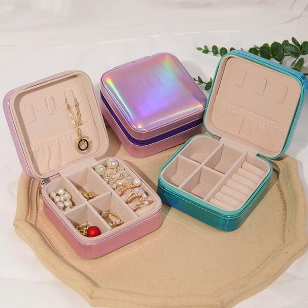 Sacchetti per gioielli Piccola scatola da viaggio in pelle Portaoggetti a strato singolo Porta cerniera per anelli Orecchini Collane Display T8DE