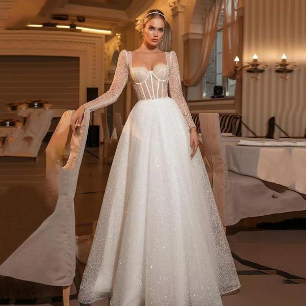 Abiti da sposa vintage in pizzo con sfera Abiti da sposa maniche lunghe a tre quarti Collo trasparente Abiti da sposa in tulle con bottoni ricoperti Abito da sposa lucido su misura vestido de novia