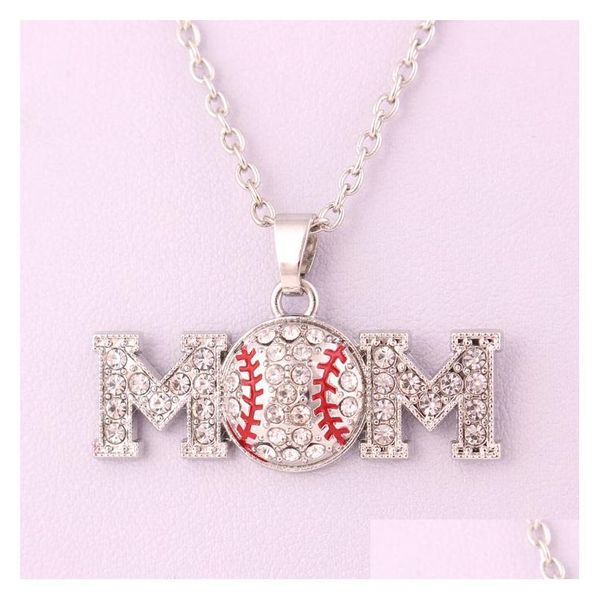 Collane con ciondolo Softball Sport Collana Mamma Lettera Bianco Giallo Cristallo Strass Sfera Fascino Catena a maglie Per i fan della squadra Fashion Drop Dhwpn