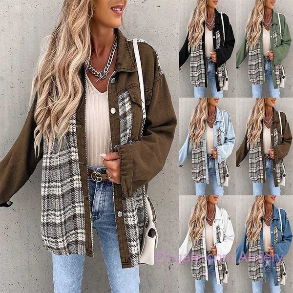 Herbst Winter Damen Denim Jacke Langarm Mäntel Frau Plaid Button Shirt Jacken Jeans Top Mantel