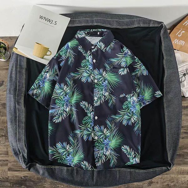 Camisetas masculinas com estampas florais de algodão com botão para baixo verão lapela manga curta blusas masculinas superdimensionadas top masculino com bolso