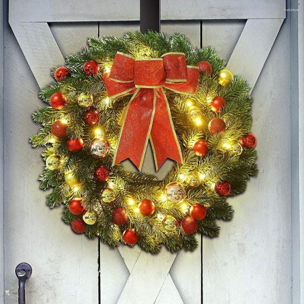 Flores decorativas 30/40CM Coroa de Natal LED Brilhante Agulha de Pinho Laço Bola Interior Porta Exterior Parede Guirlanda Artificial Decoração Festa