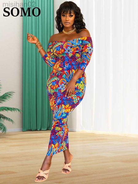 Grundlegende Freizeitkleider SOMO Plus Size Neu im Kleid Damenbekleidung Blumendruck schulterfrei Bürodame Maxikleid Sommer Großhandel Dropshipping HKD230807