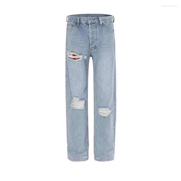 Jeans da uomo Fodera interna con foro strappato Pantaloni larghi Y2K a scacchi rossi per uomo e donna Pantaloni in denim streetwear casual afflitti