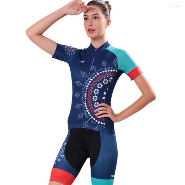 Rennsets Radtrikot-Set für Damen, kurzärmelig, schnell trocknend, atmungsaktiv, Fahrrad-Reitbekleidung, MTB, Straßenradfahren, 3D-Silikon-Kissen-Shorts