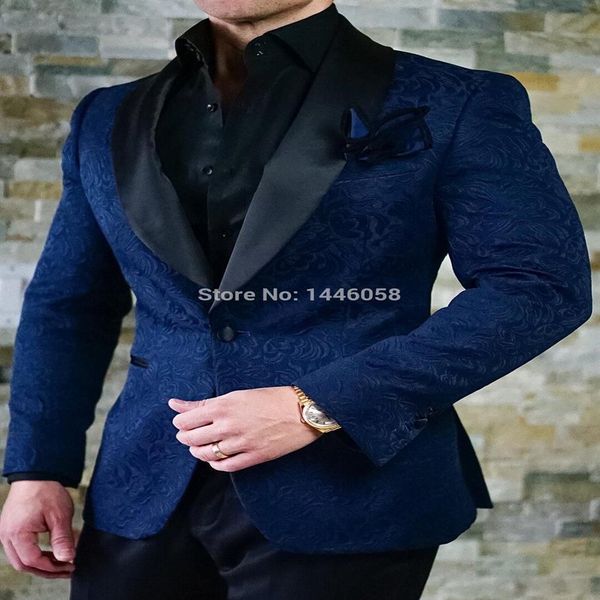 Costume Homme 2018 Custom Made Gentleman Bespoke Mens Suits Clássico Terno Slim Azul Marinho Impresso Ternos Masculinos Com Calças Casamento Groo214F