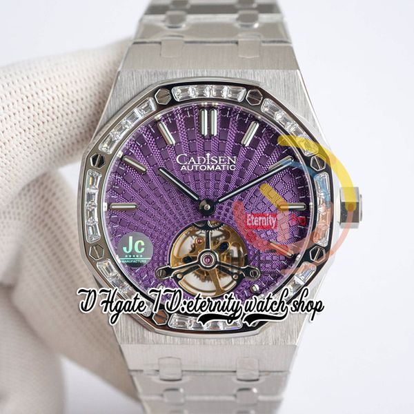 JCF zcf26522 Herrenuhr, extra dünn, A2924, Automatik, Tourbillon, 41 mm, Baguette-Diamanten, Lünette, lila Tapisserie-Zifferblatt, Stahlarmband, Super-Version für die Ewigkeit