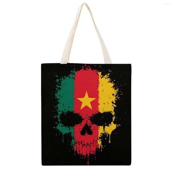 Alışveriş Çantaları Tuval Tote Çanta Çift Kaotik Kamerun Bayrağı Splatter Kafatası Komik Yenilik Klasik Drawstring Sırt Çantası Çanta