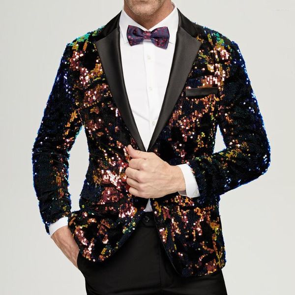 Abiti da uomo Giacca da uomo con paillettes nere Uomo Nightclub Prom Costume da uomo Homme Abiti da palcoscenico per cantanti Blazer da esibizione per banchetti