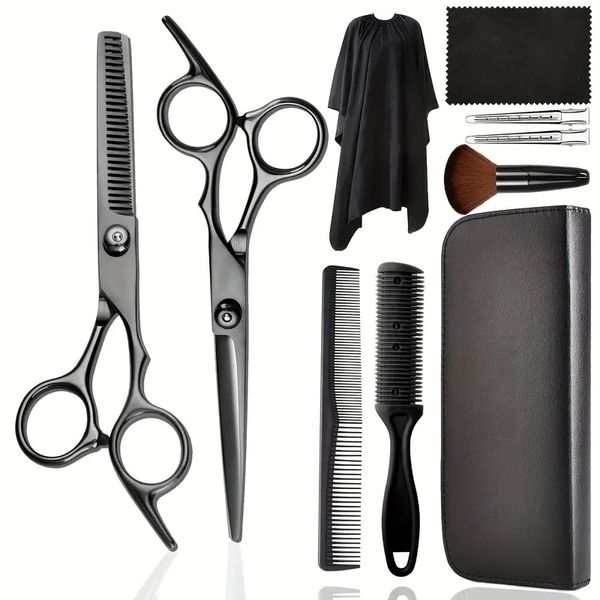 Kit di forbici per tagliare i capelli, set di forbici da parrucchiere in acciaio inossidabile Forbici per sfoltire professionali per barbiere/salone/casa/uomini/donne/bambini/adulti Set di cesoie/animali domestici(nero)