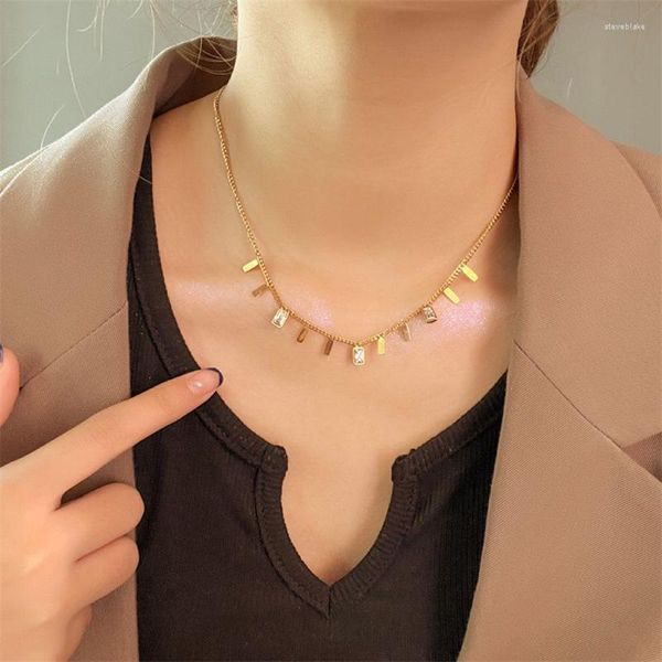 Anhänger Halsketten 316L Edelstahl Mode Edlen Schmuck Schweißen Rechteck Eingebettet Zirkon Charme Kette Choker Anhänger Für Frauen